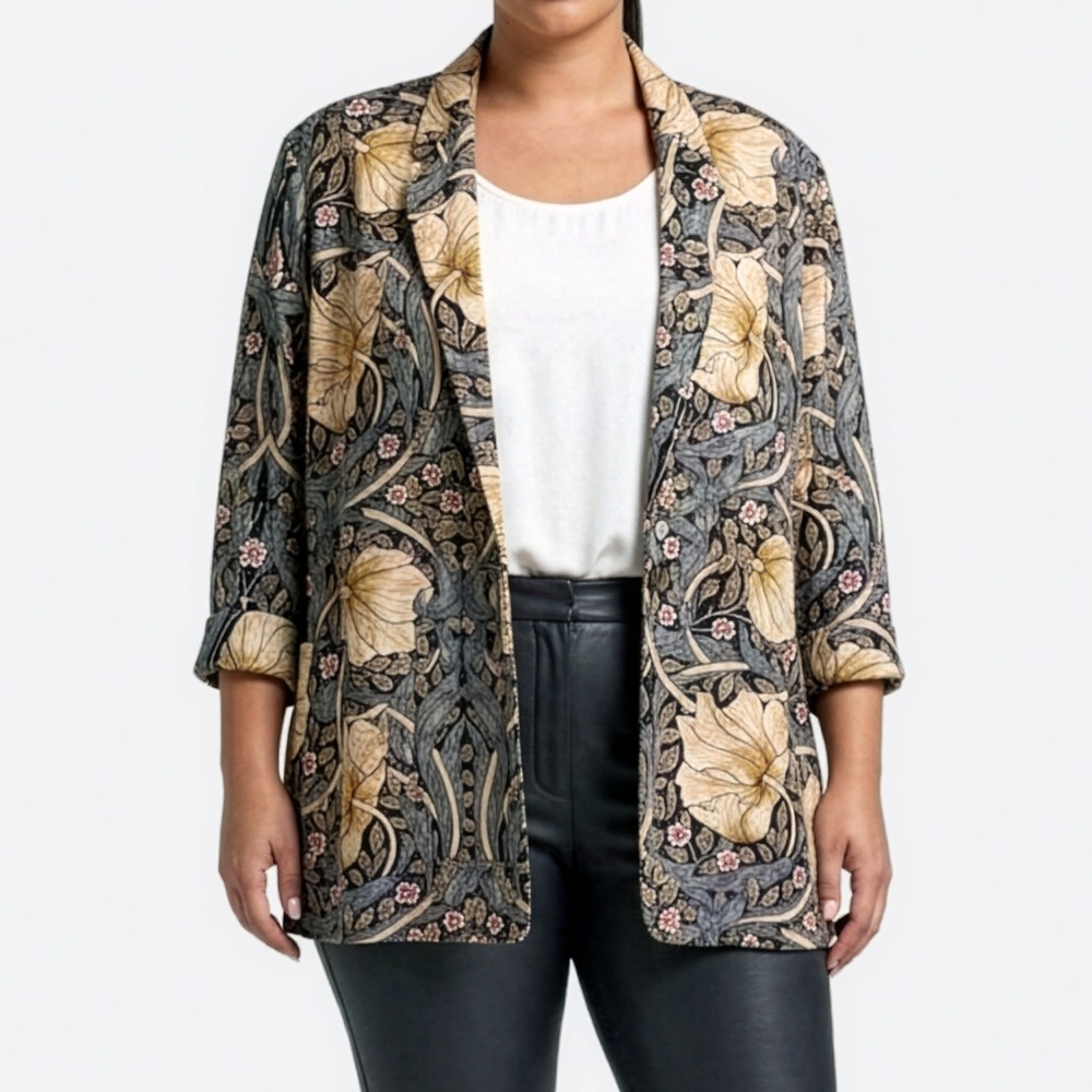 Morris & Co Pimpernel Blazer Gray Tan Floral Art Nouveau Jacket Size 0X Large
